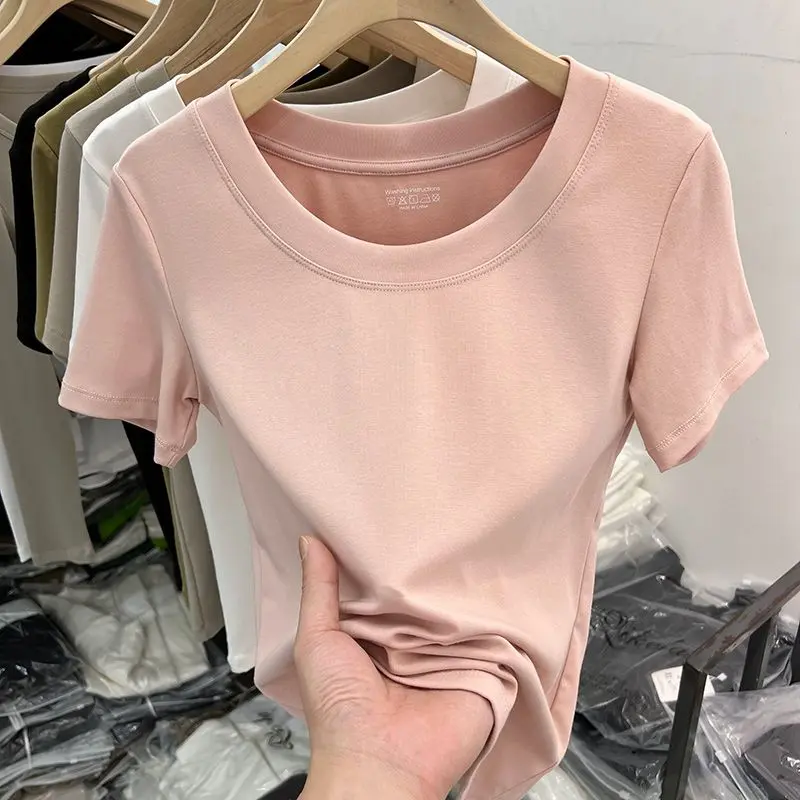 Áo Thun Cotton Vải Modal, Phong Cách Hàn Quốc, Cổ Tròn, Màu Trơn Ôm Sát, Ngắn Tay, Áo Mỏng Nữ Top Women