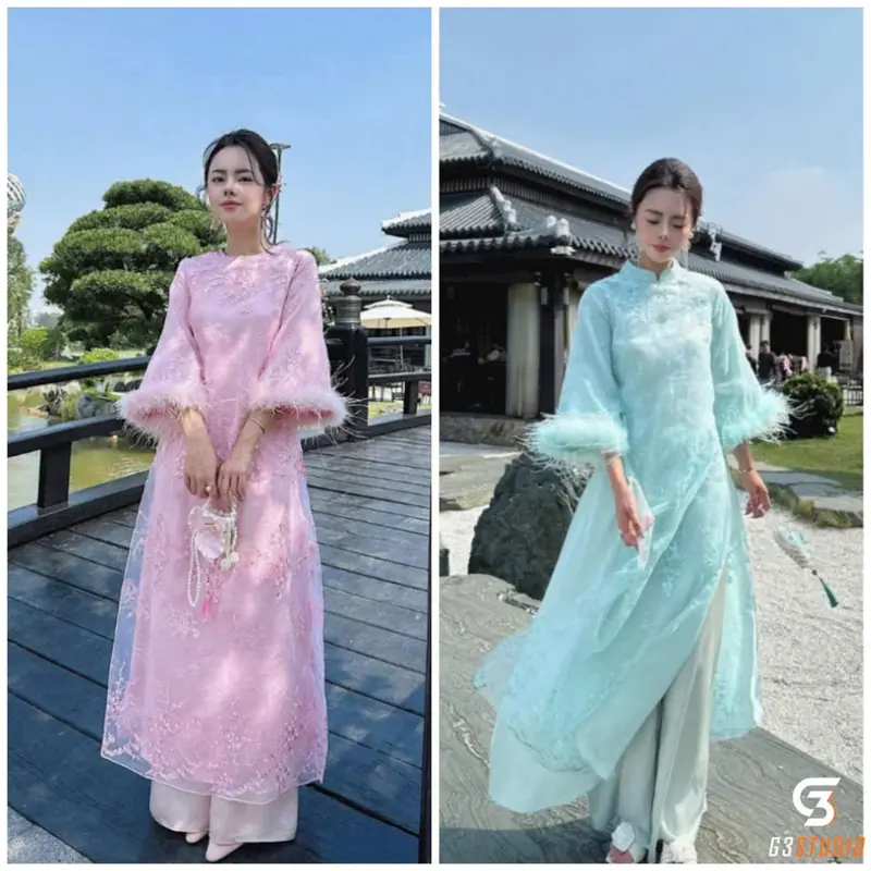Áo dài Von tơ thêu phối tay nông cách tân hot trend chụp anh đi chơi du xuân 2025 Nữ Women Dress Cổ Tròn Voan 1