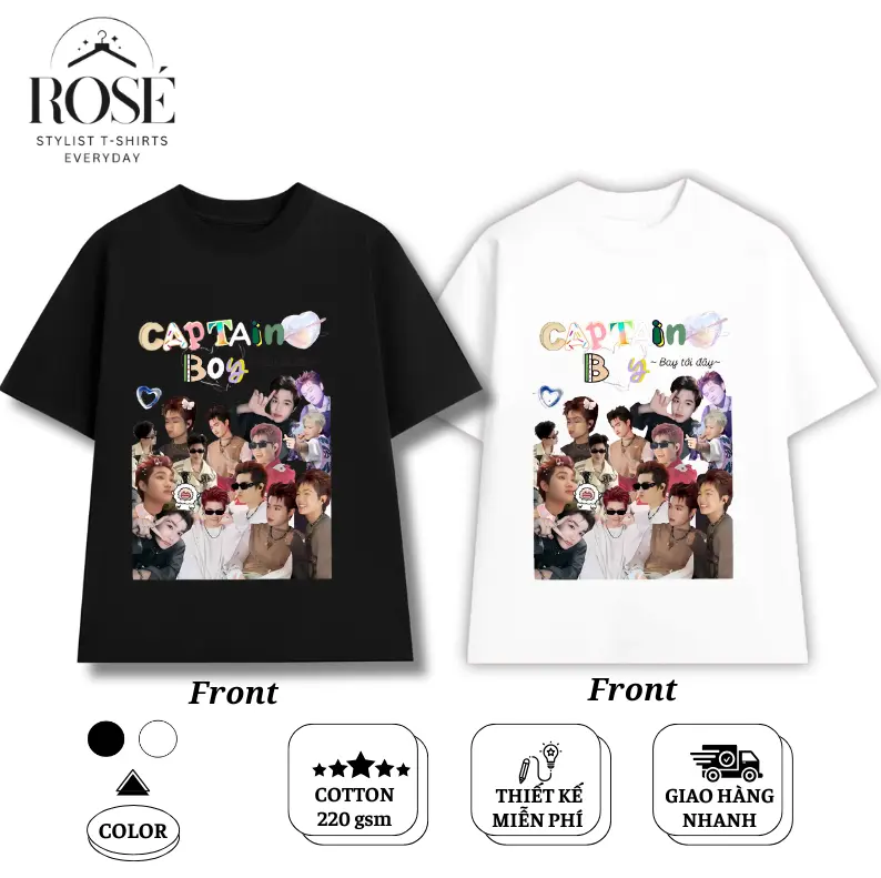 Áo thun ROSE SHOP, Áo thun in hình CAPTAIN BOY BAY TỚI ĐÂY HOTTREND 2025 - Chất vải cotton co dãn 2 chiều 220 gsm, mát mẻ thông thoáng, siêu mịn siêu mát - Top, Cổ Tròn, Unisex