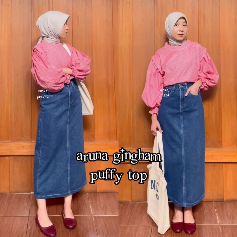 [WEAR PRISHA] ARUNA GINGHAM TOP PUFFY BLOUSE | ATASAN MOTIF TARTAN KOTAK BLUS KATUN LENGAN BALON Katun Baju Wanita Panjang 1
