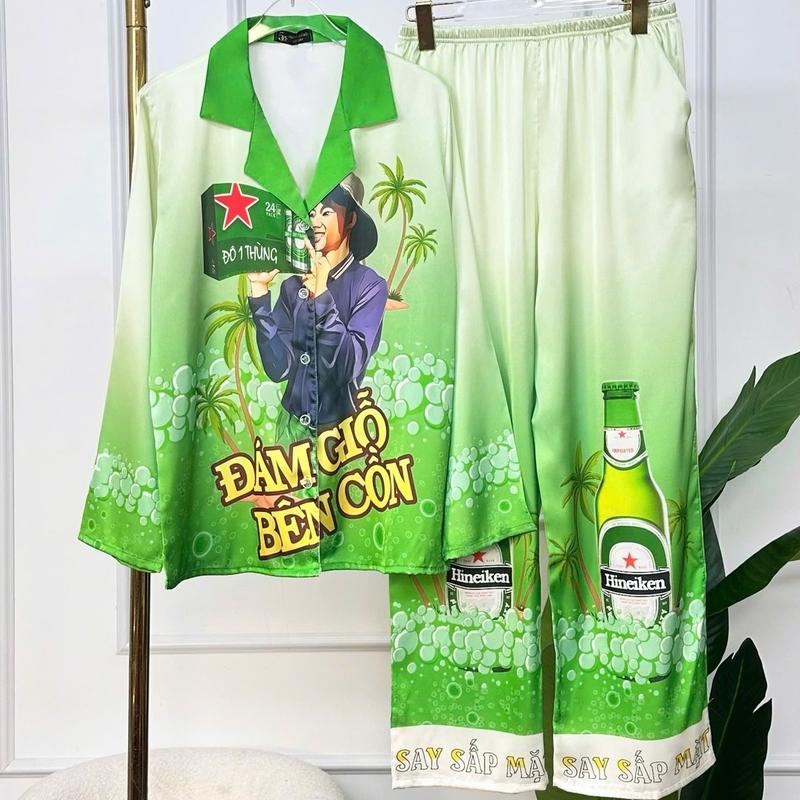 Đồ Bộ Pijama Dành Cho Nữ, Chất Liệu Lụa Latin Tơ Tằm, Thoáng Mát, Tay Dài Quần Dài In Hoa Văn Màu Cam, Có Bigsize [Size 45-60Kg Và 61-75Kg]  Women Dài Tay