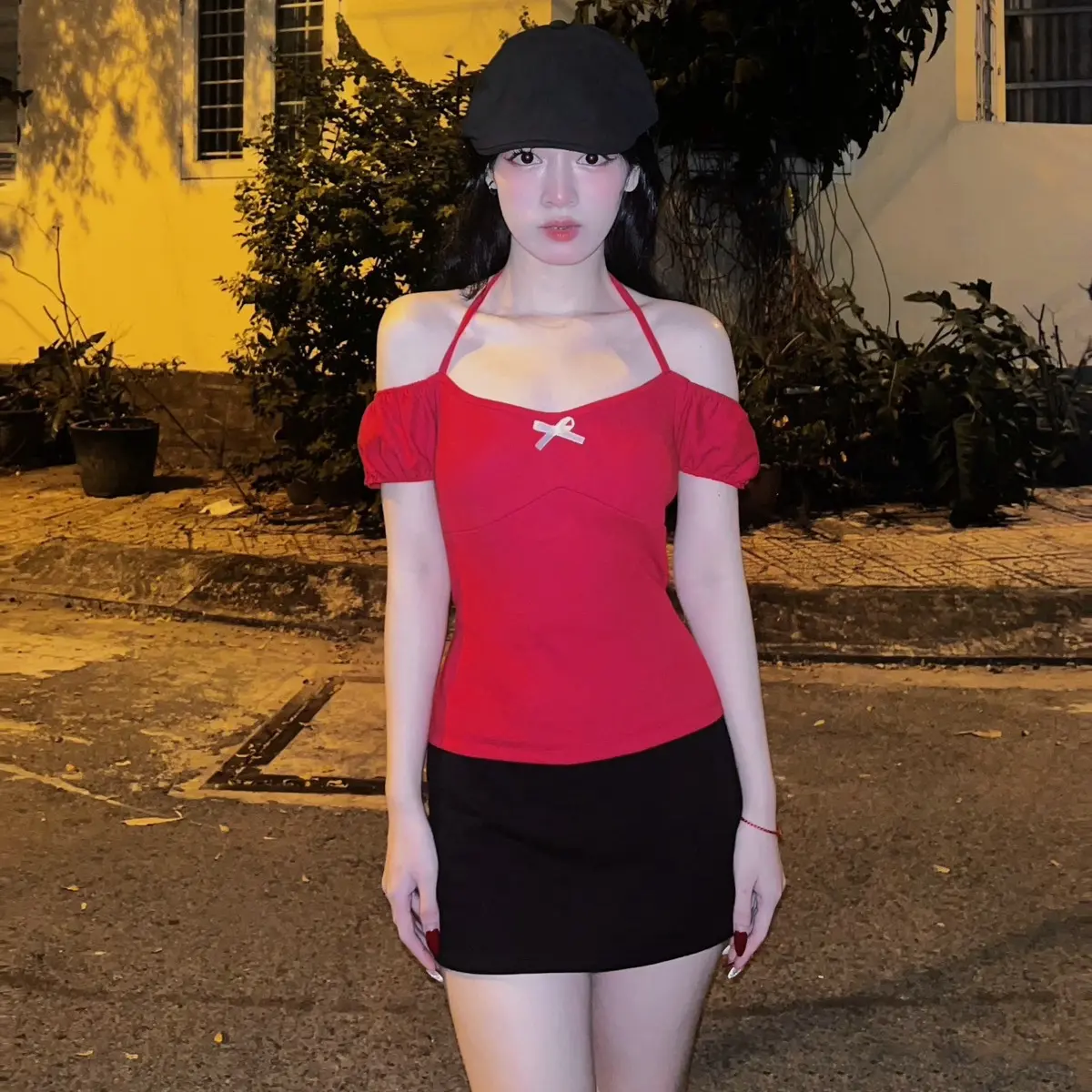 Áo thun cổ vuông dây cột cổ gắn nơ xinh Vivistore Nữ Lịch Top Women
