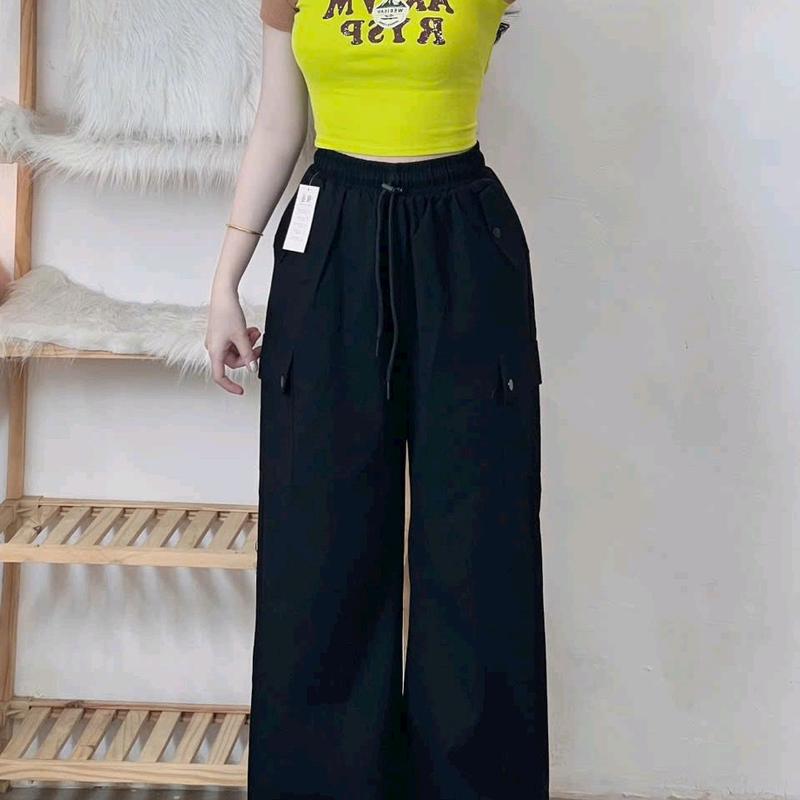 Quần kaki ống rộng túi hộp nữ lưng thun có dây rút Women Ong Pants Nhung suông 3