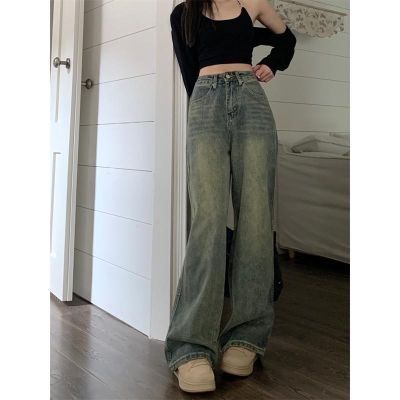 Quần Jean ống rộng lưng cao màu xanh cổ điển S28 Nữ Women Pants Denim 1