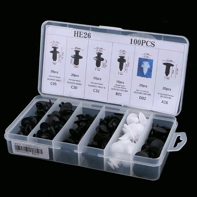 (Tặng 20 đệm su non)Hộp Đinh Tán Nhựa 6 Loại Thông Dụng Gồm 100 Ốc Các Loại Chuyên Dòng Ô Tô Phụ Tùng
