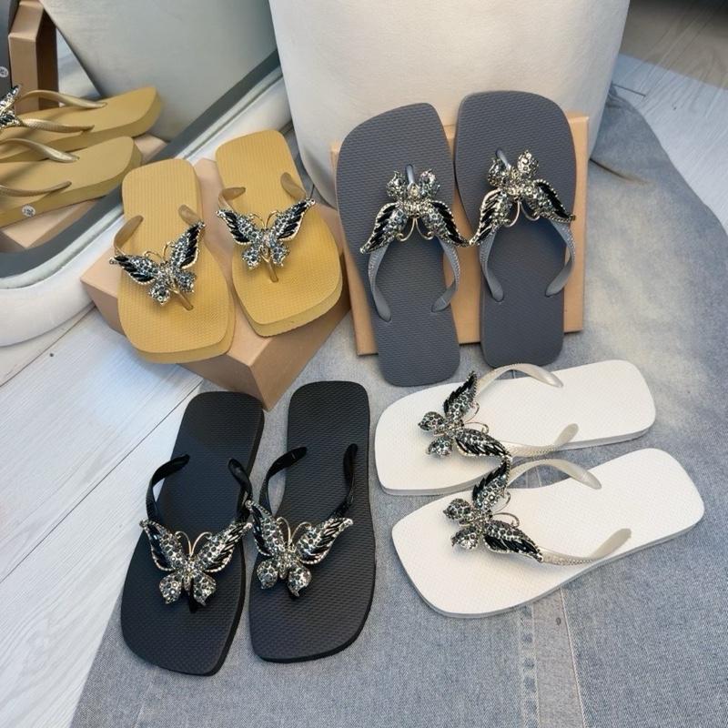 Dép Kẹp Nữ Đính Charm Đen mũi vuông đế cao su dẻo 1cm DéP GiàY Shoes