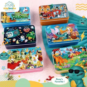 JIGSAW PUZZLE KAYU ANAK 100 PCS KEMASAN KALENG MAINAN EDUKASI DINOSAURUS MERMAID SANTA ASTRONOT