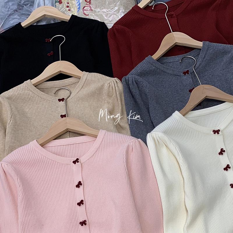 Product Introduction of #2989 Áo len tăm vai bồng nhẹ khuy cúc nơ nhung đỏ cho nữ áolen quang chau 11