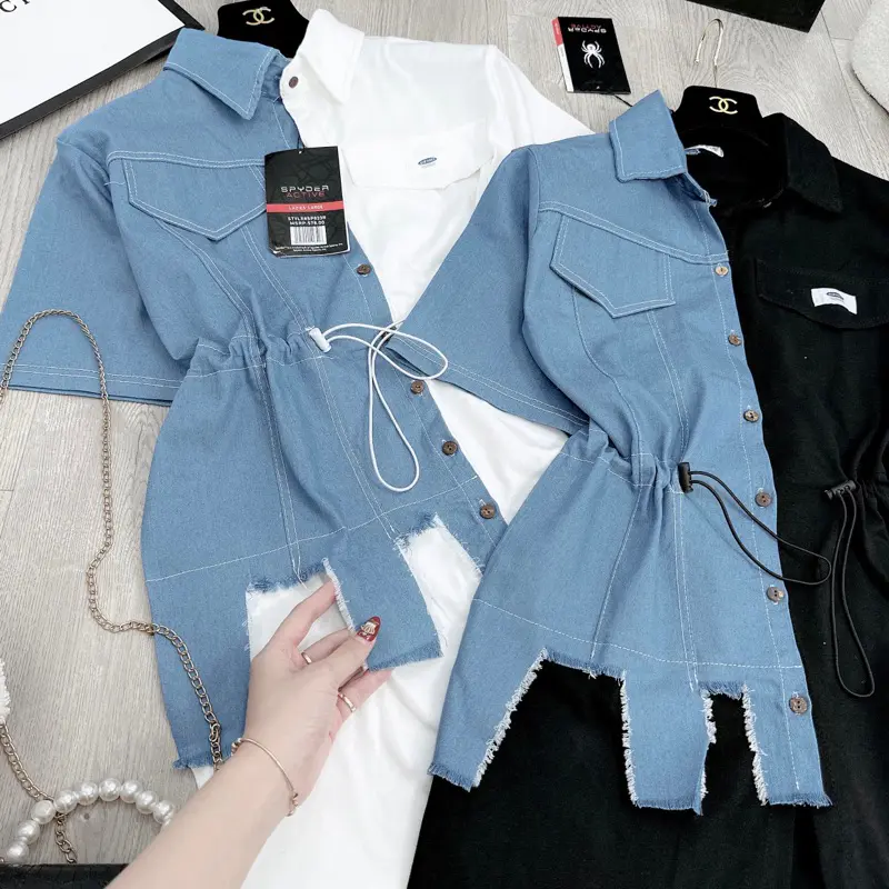 Váy sơ mi phối bò rách rút eo siêu hot, váy sơ mi giả jean 2 màu đen và trắng 6