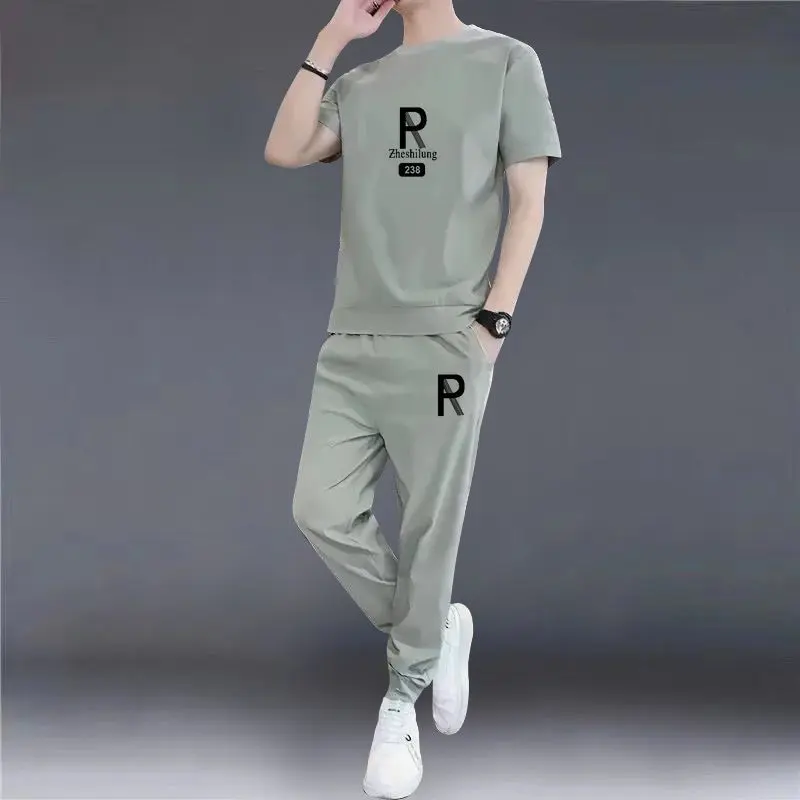 Bộ Đồ Quần Áo Thể Thao Thường Ngày Dành Cho Nam Giới, Mùa Hè Mỏng, Áo Phông Ngắn Tay Áo, Thời Trang, Phù Hợp, Chất Liệu Lụa Lạnh Hợp Xu hướng Nhanh Khô, Bộ Đồ Hai Mảnh 3