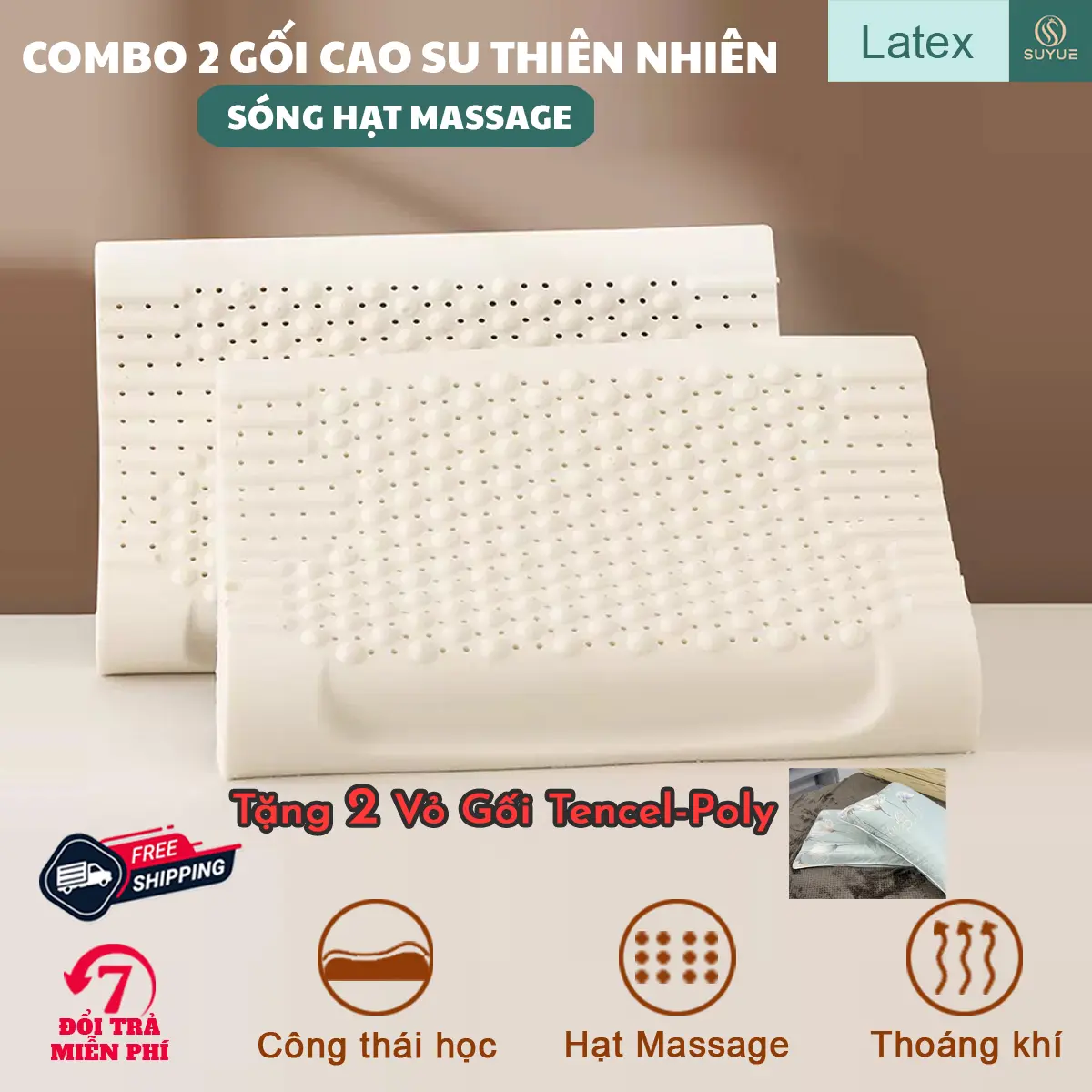 COMBO 2 Gối massage cao su thiên nhiên 40x60x12cm giảm thiểu đau nhức cổ vai gáy khi ngủ - WuFan