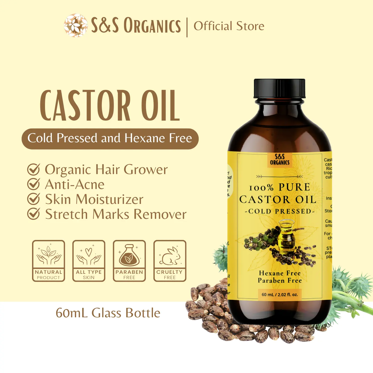 Pure Cold Pressed Castor Oil 60ml | FDA Approved | Organic Hair Grower and Beauty Oil
