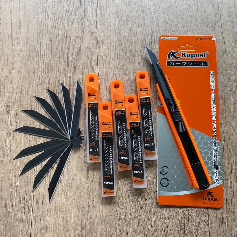 Combo dao rọc giấy mini Kapusi + 5 hộp lưỡi dao rọc giấy 30 độ màu đen, cắt film, cắt decal