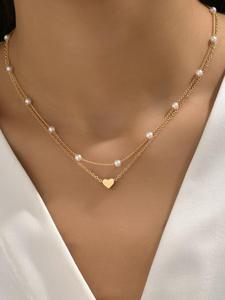 Set de 2 piezas de Collar con dije de diseño de corazón decorado con perla falsa para mujer, Collar de cadena exquisito y moderno, Joyería de moda para decoración de fiestas como regalo sin caja