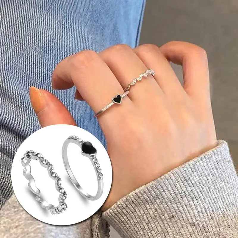 Cincin Wanita Rings Imitasi Jewellery Korea 1 Set 2 Pcs Love Gelombang Aksen Zircon Aksesoris Ring Perhiasan Perempuan Cnc23