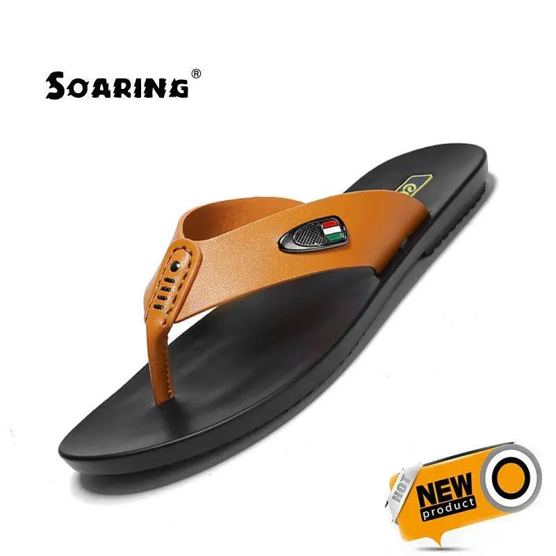 Soaring hot selling summer cool men PU leather flip flops British style boardered beach sandals male slippers male fashion slippers