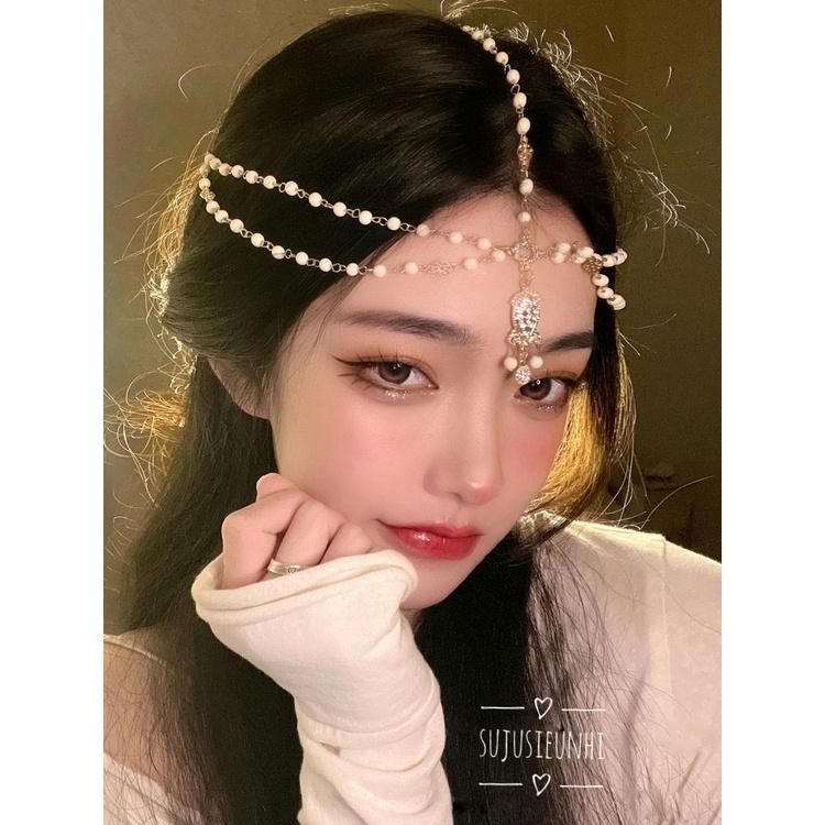 (Mẫu trắng) Vòng đội đầu kết hạt tua rua phong cách Tây Tạng, dây trang trí trán cosplay cô gái Mông Cổ 1