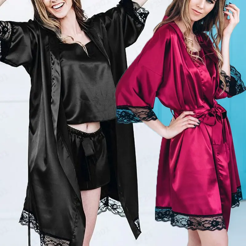 Ladies Sexy Tie Up Sleepwear 2pcs Set Night-robe+T-back Lace Trim Plus Size