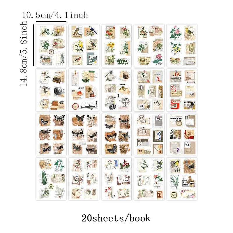 Vintage Floral & Bird Pattern Sticker Book, 20 Sheets/book Waterproof Self Adhesive Decorative Sticker, DIY Decorative Stickers for Gift Greeting Card Water Bottle Laptop Phone 1