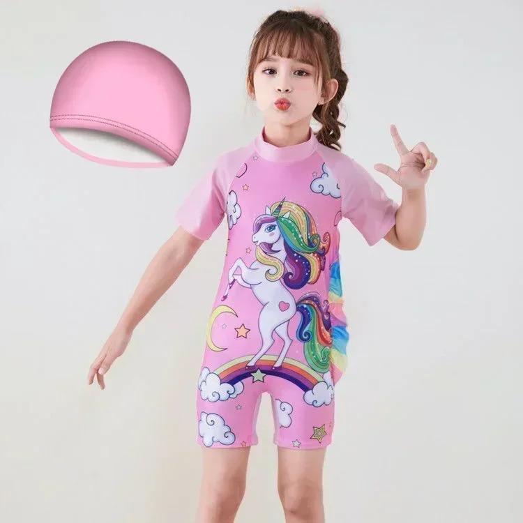 Product Introduction of Conservative Swimsuit 2024 One-piece Girl's Short-sleeved Shorts Swimsuit Cartoon Cute Children's Swimsuit Baby Girl 10