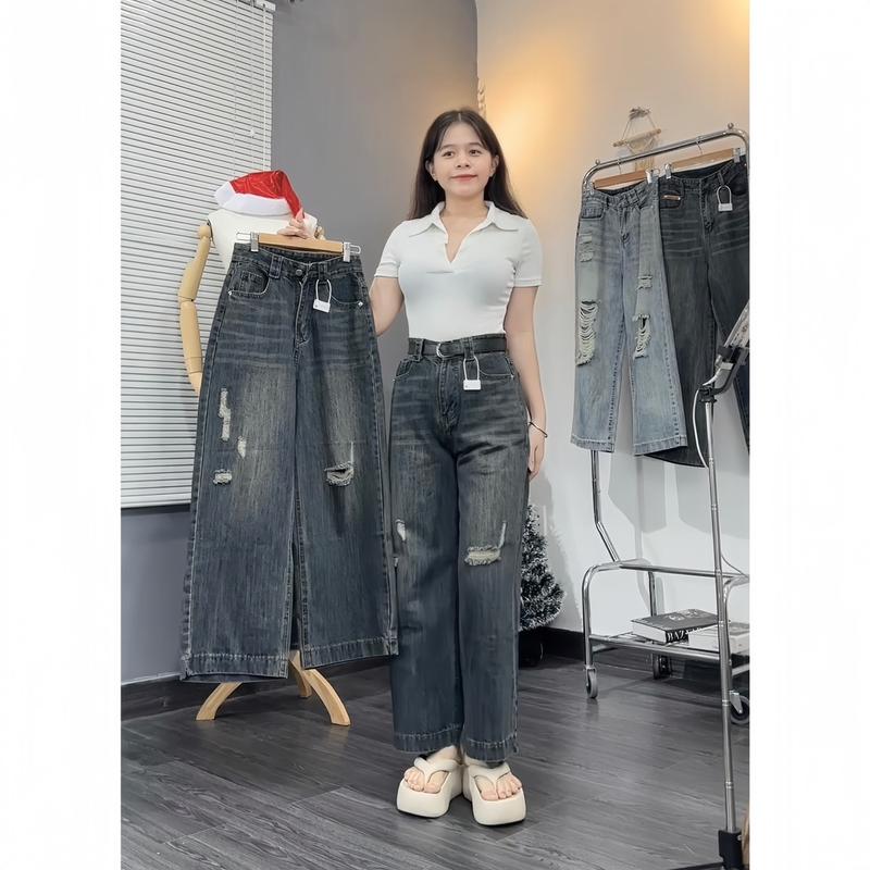 (95CM)- Quần Jean Nữ Ong Suông Trơn Rách Nhẹ ,  Đủ Size S/M/L - Women Pants Voi quần  jeans  Kem 1