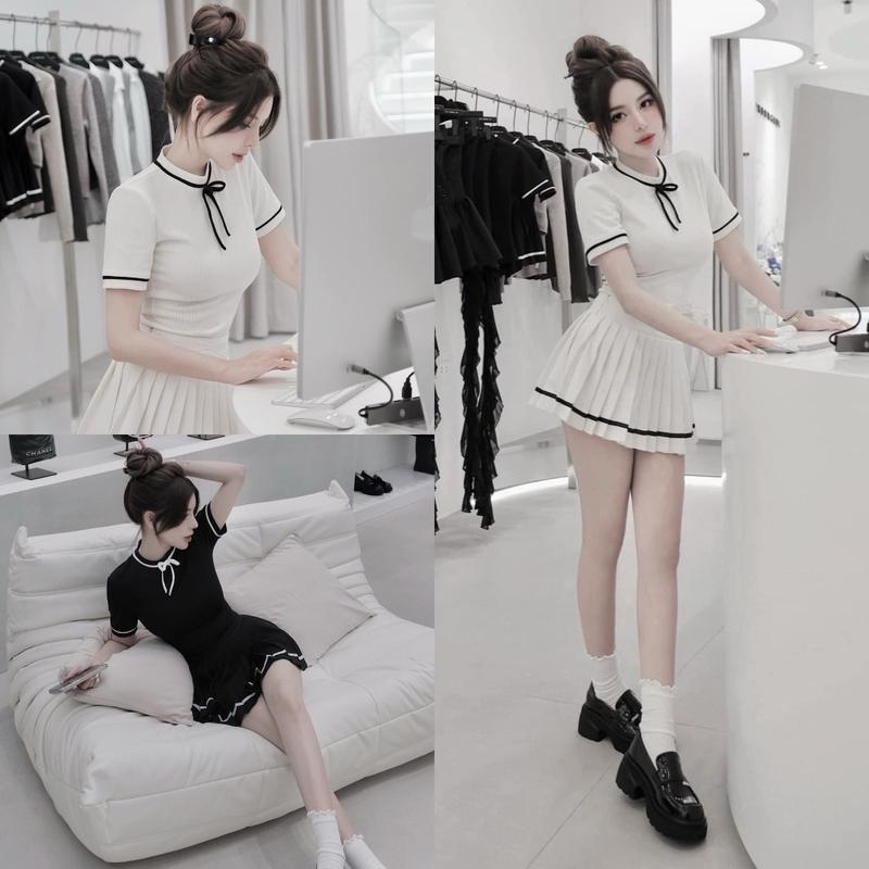 Set áo len tăm cổ nơ kèm chân váy xếp ly xoè xinh xắn Nữ Women Màu Đen Kem Top