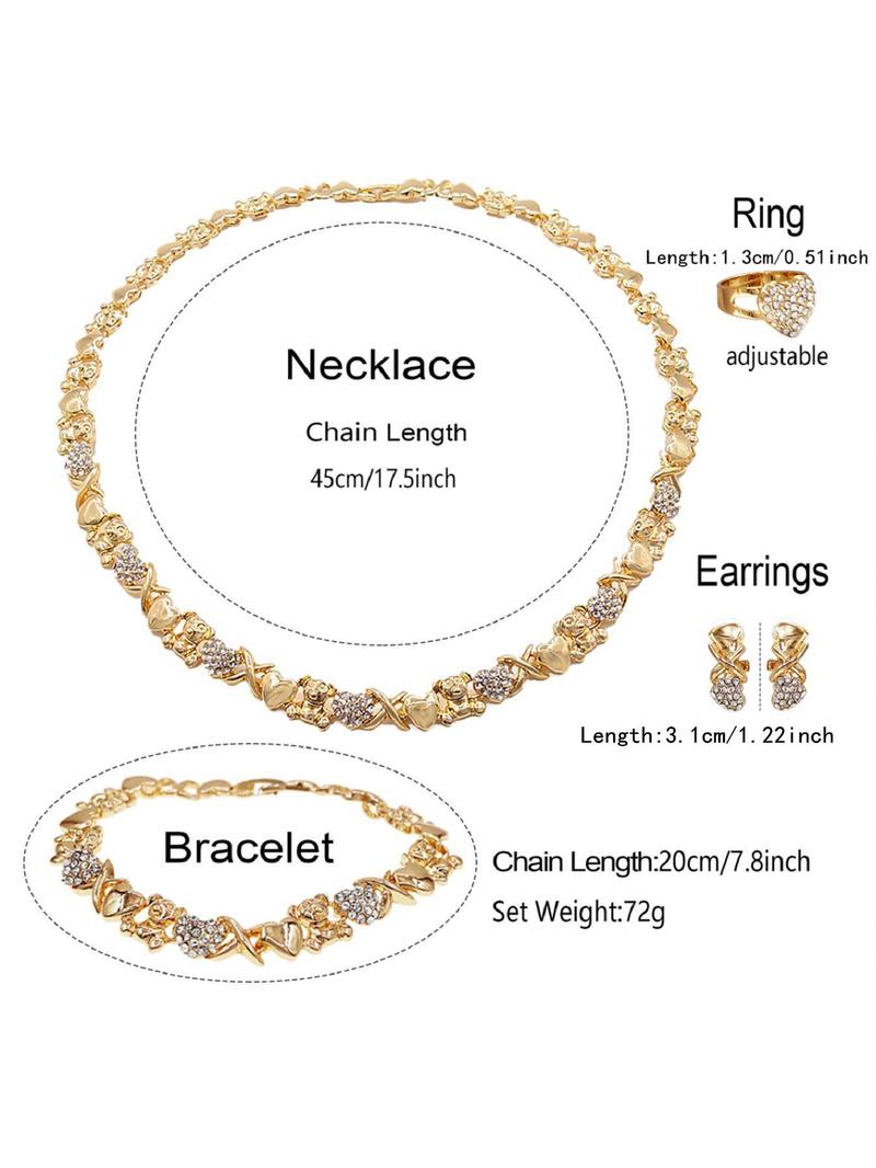 Product Introduction of Women's Elegant Heart Design Jewelry Set, Fashion Rhinestone Decor Necklace & Earrings & Ring & Bracelet, Trendy All-match & Exquisite Jewelry Set for Birthday Gift 1