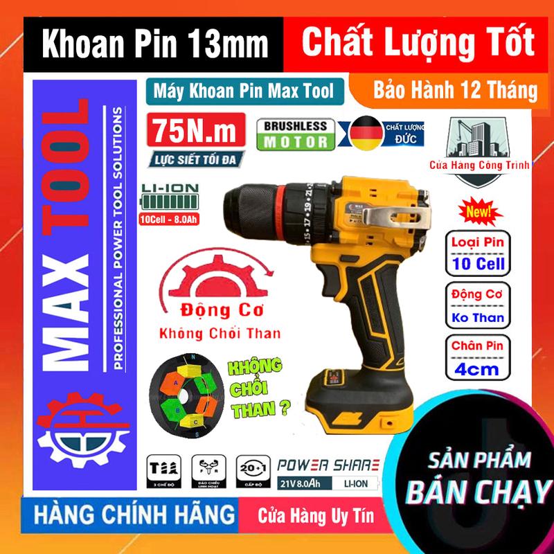  Máy Khoan Pin 3 Chức Năng 13mm Max Tool 75N.m Pin 10 Cell 119V KHÔNG CHỔI THAN 13mm Khoan Tường khoan búa bắn vít mạnh mẽ bảo hành 12 tháng 
