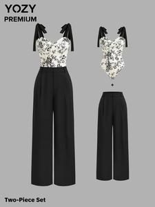 YOZY Women's Floral Print Bodysuit & Wide Leg Pants Two-Piece Set, Sleeveless Bodysuit & Palazzo Pants Set, Casual Two-piece Outfits for Daily Wear