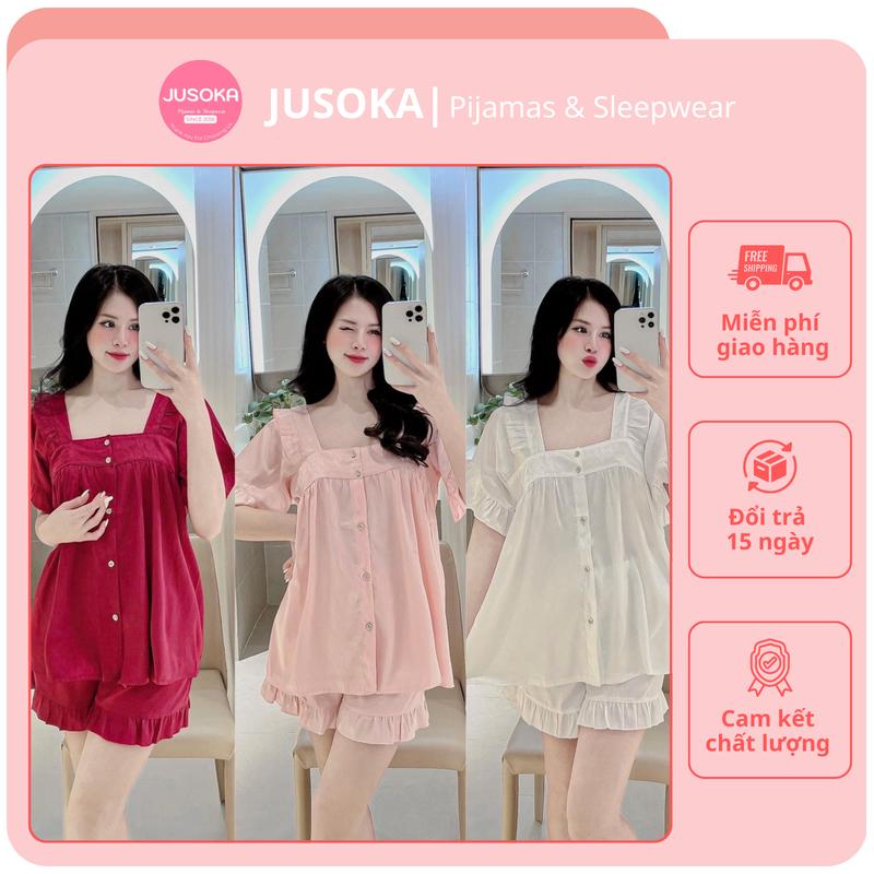 Bộ Đồ Ngủ Pijama JUSOKA Lụa Gấm Xước Áo Cộc Quần Đùi Mặc Nhà Tiểu Thư Dáng Baby Doll Dễ Thương CC108 - Mặc Ở Nhà, Đi Ngủ - Cao Cấp, Thoải Mái, Sang Trọng