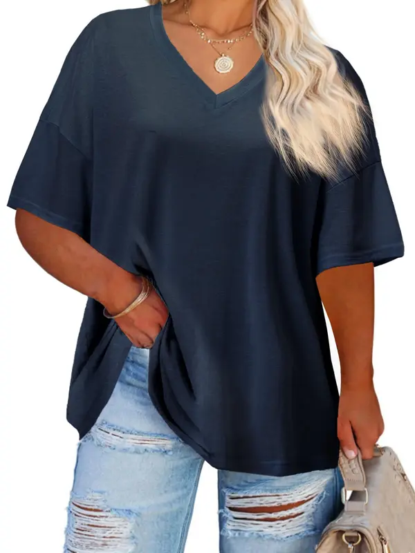 【Plus Size】 Plain V Neck Drop Shoulder Half Sleeve Tee, T Shirts for Women, Summer Tees, Summer Vacation Tops, Hide Tummy, Casual Basic T-shirt, Women's Clothing for Daily Wear, Back To School, T Shirts for Women, White Tshirt Women, Tops for Women 2