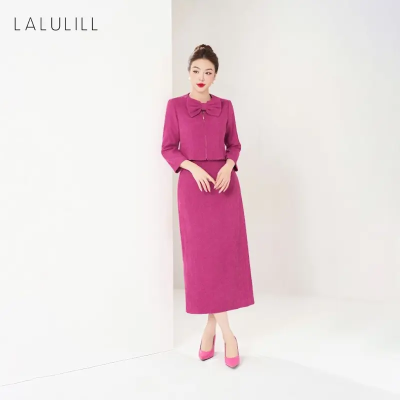 LALULILL Set nữ Áo vest dáng crop cổ nơ & Chân váy dáng suông dài nhung tăm hồng sen- LAK2438703 & LCV2442403 3