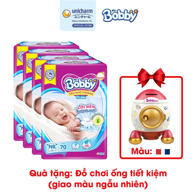 [COMBO 4-TẶNG ĐỒ CHƠI ỐNG TIẾT KIỆM] Bobby Tã dán XS70 Siêu khô thoáng lõi nén cotton soft cho bé sơ sinh