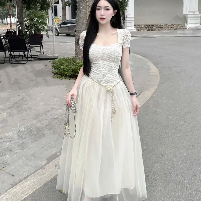 Bb36 Váy Ren Nhung Chân Lưới Dài Kèm Dây Eo Hoa ( chuẩn ảnh) tôn dáng nữ tính,38-54kg,szS/M 5