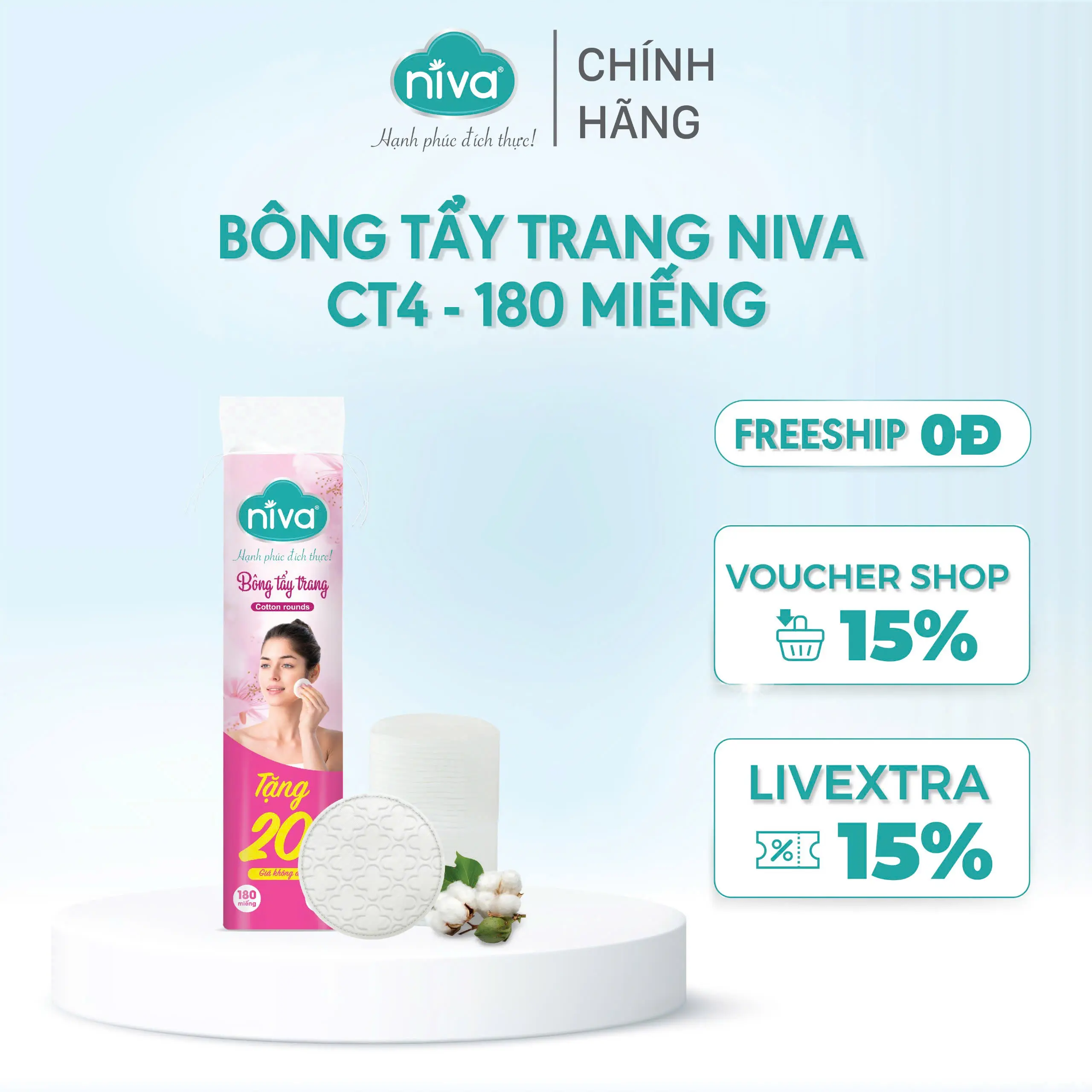 Bông Tẩy Trang Tròn Niva Cao Cấp CT4 Gói 180 Miếng Bông Tự Nhiên Mềm Mại Tẩy Trang Dưỡng Da 2 Trong 1