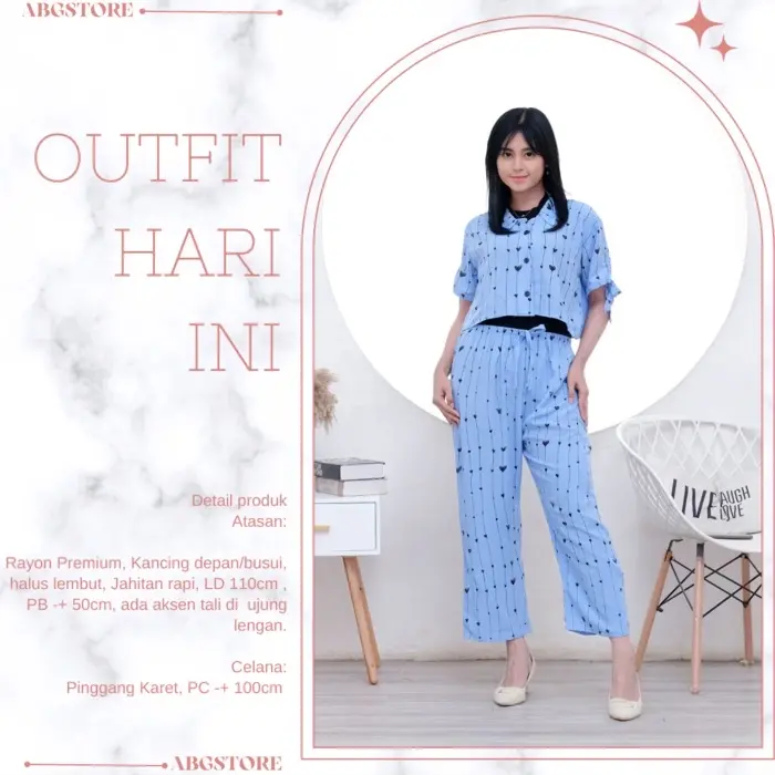One Set Crop Top Terbaru Motif Love Setelan Celana Lengan pendek Bisa Dicuci Dengan Mesin Baju Karet Kancing Setrip 6