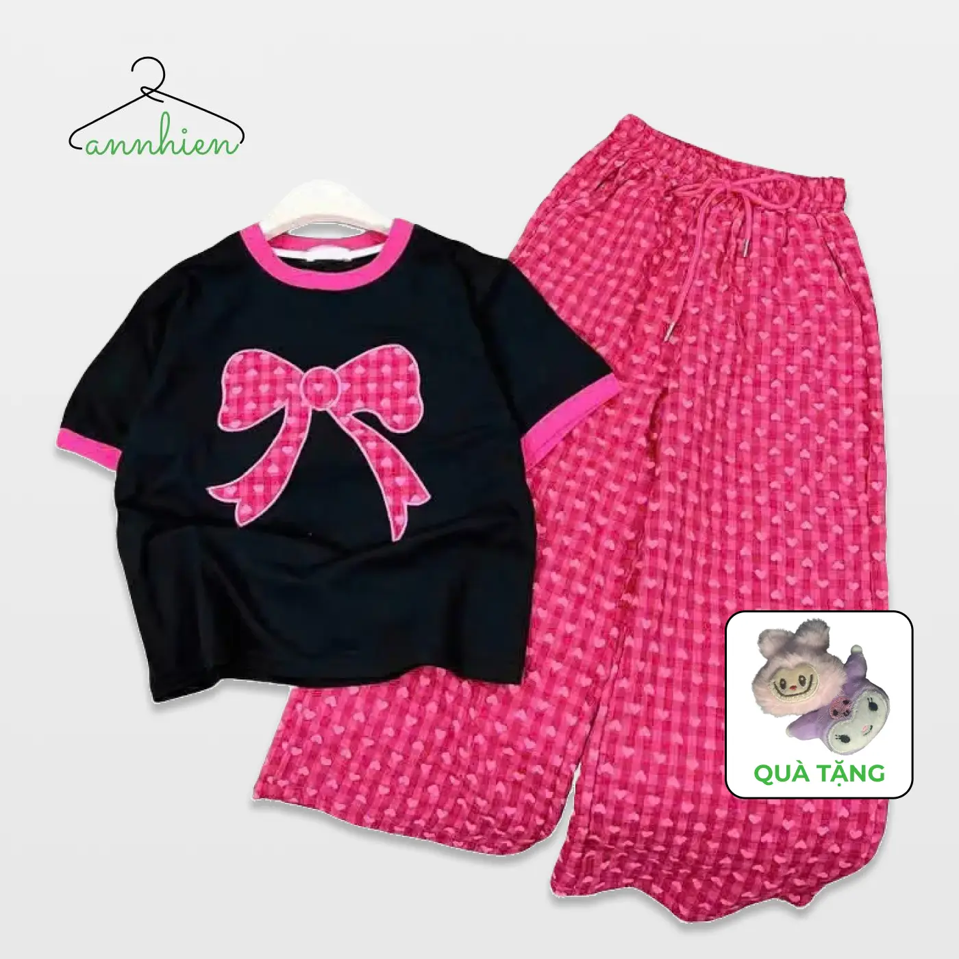 (Tặng mặt gấu bông) set đồ quần dài áo thun cho bé gái (Họa tiết TIM NƠ TRẮNG & ĐEN) vải mềm mịn Size 9-45kg