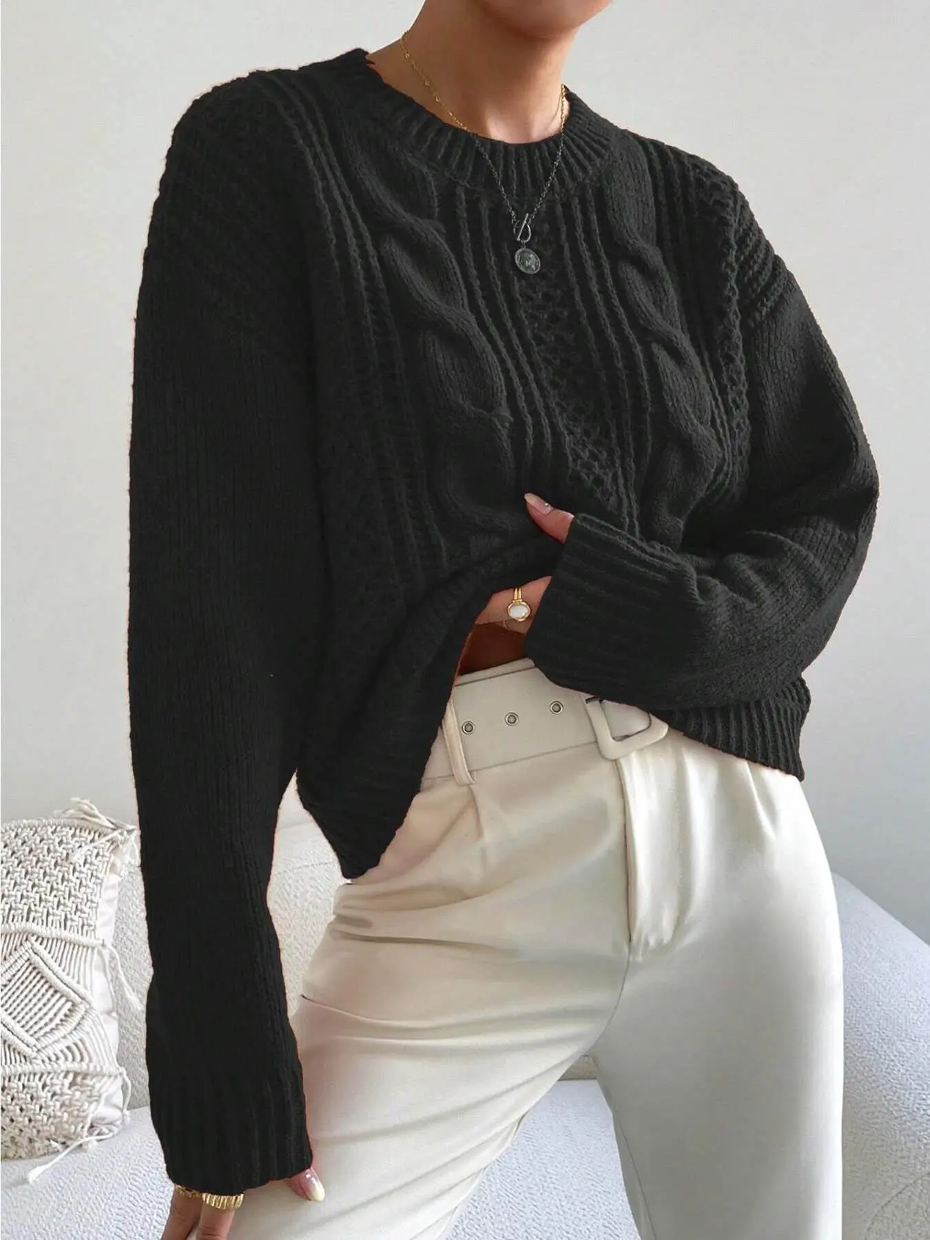 Women's Plain Cable Knit Crew Neck Sweater, Casual Drop Shoulder Long Sleeve Jumper for Fall & Winter, Fashion Ladies' Knitwear for Daily Wear
