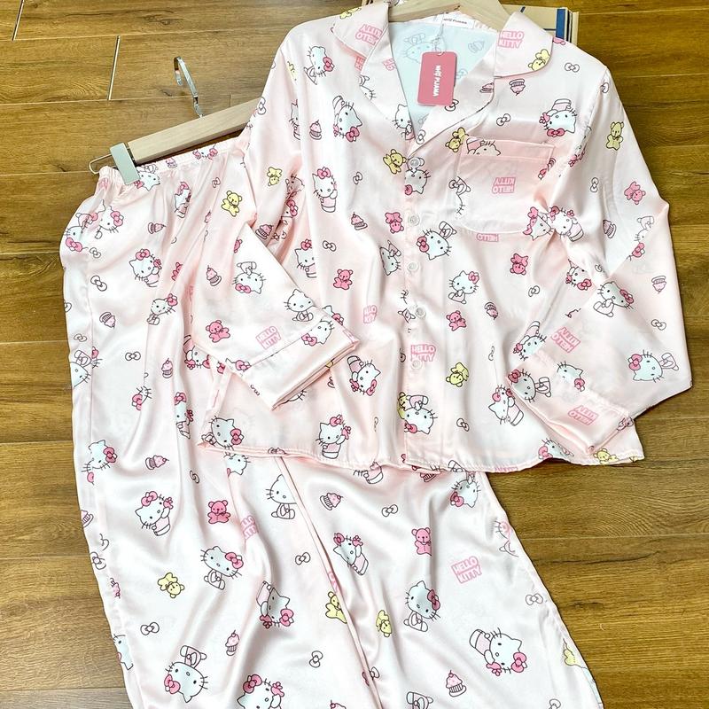  M112 NHỌ PYJAMAS bộ mặc nhà HELLO KITTY HỒNG VÀ ĐEN cute chất lụa mịn mát có đủ form dài-ngắn size 38-80kg 