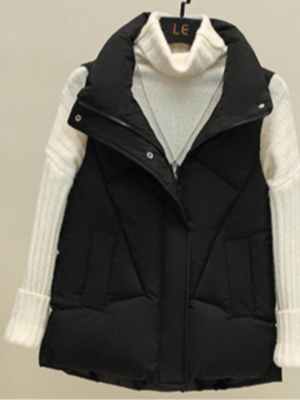 Women's Solid Color Zip Up Pocket Vest Jacket, Casual Stand Collar Sleeveless Outerwear for Fall & Winter, Women's Clothes for Daily Wear 0