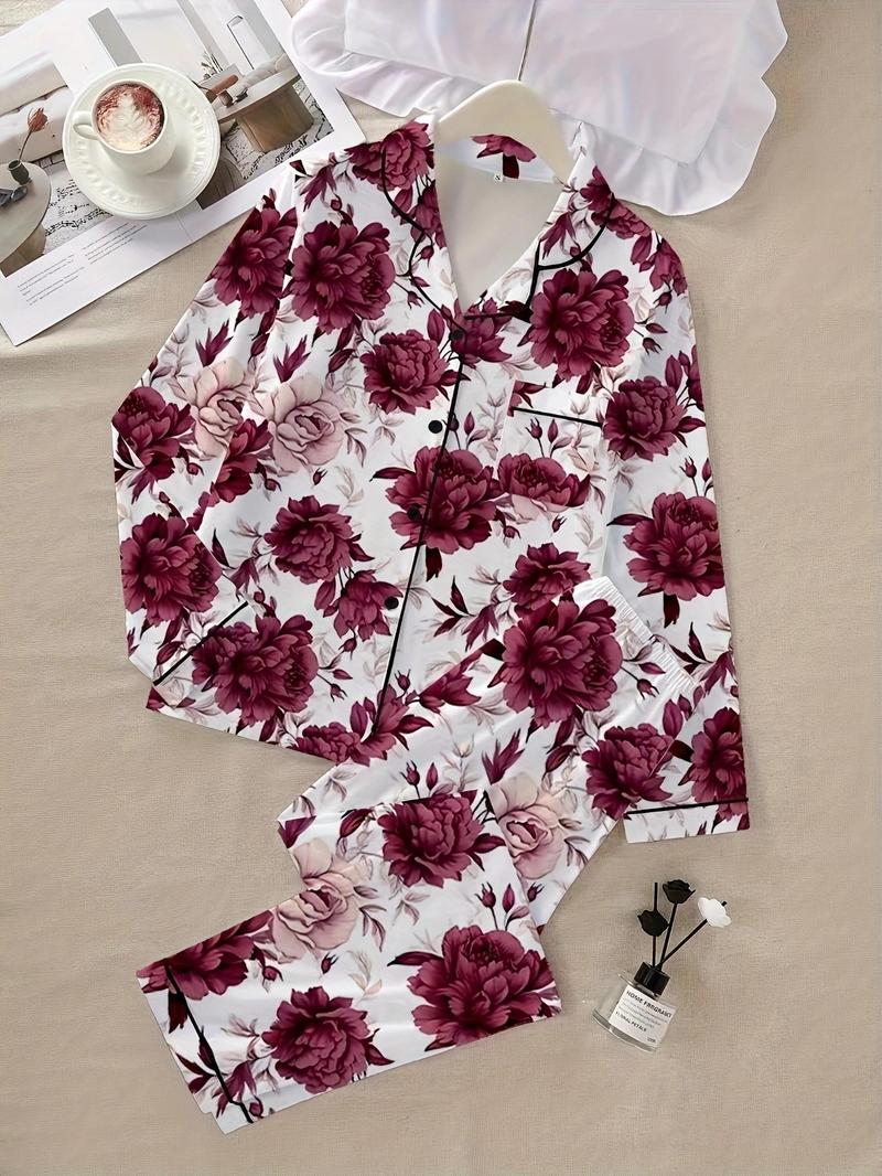 Product Introduction of Two-Piece Set Women's  Lapel Neck Pajama, Long Sleeve Button Front Top & Pants PJ Set, Women's Sleepwear for Fall & Winter 4