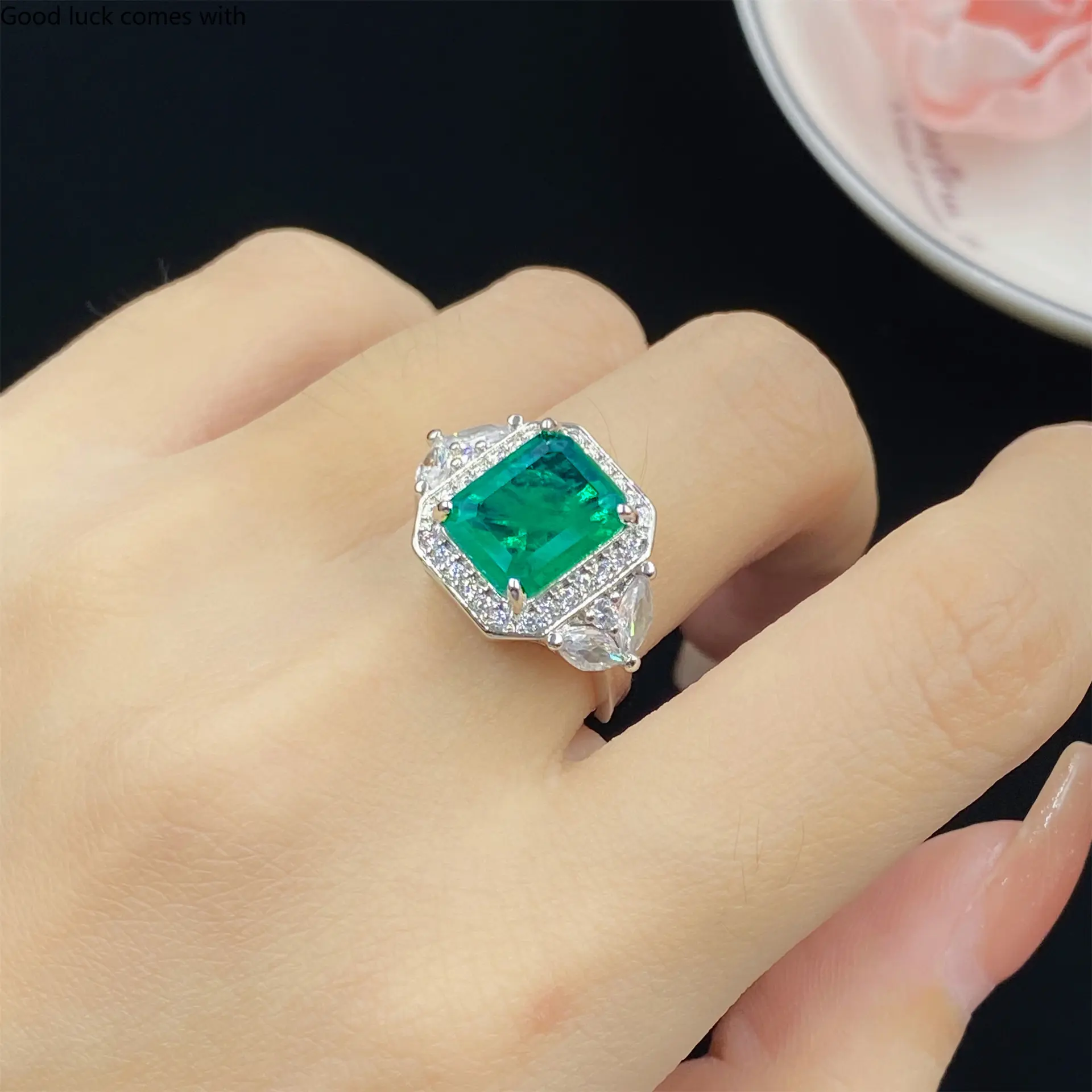 Cotton Artificial  crystal Colorful crystalFull zircon Luxury Princess Square Open Ring Female Pendant Earrings Bracelet Set Anniversary Auspicious Birthday