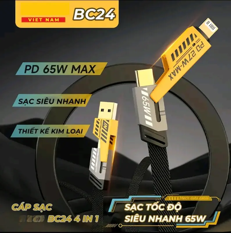 Dây sạc nhanh 4 Đầu Sạc nhanh 65W Cổng C-L, C-C, USB-C, USB-L Đa năng 4 trong 1 , sạc chống gãy chính hãng sạc cho cả IP và android 2
