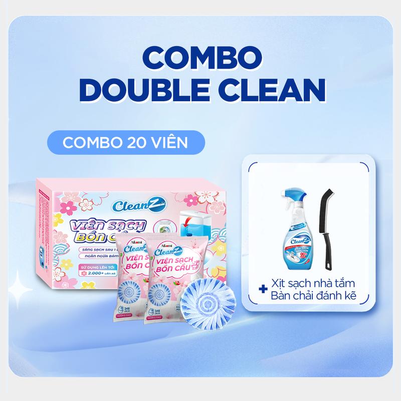 Combo 20 viên sạch bồn cầu CLEANZ Tặng 01 Xịt sạch nhà tắm đa năng CleanZ và 01 bàn chải đánh kẽ Làm Sạch