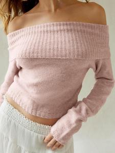 Women's Basic Solid Color Off Shoulder Minimalist Knitting Sweater, Mean Girls Casual Comfort Womenswear Long Sleeve Jumper for Lady Spring & Fall, Women's Knitwear for Daily Wear, Sweater for Women, Tops for Women