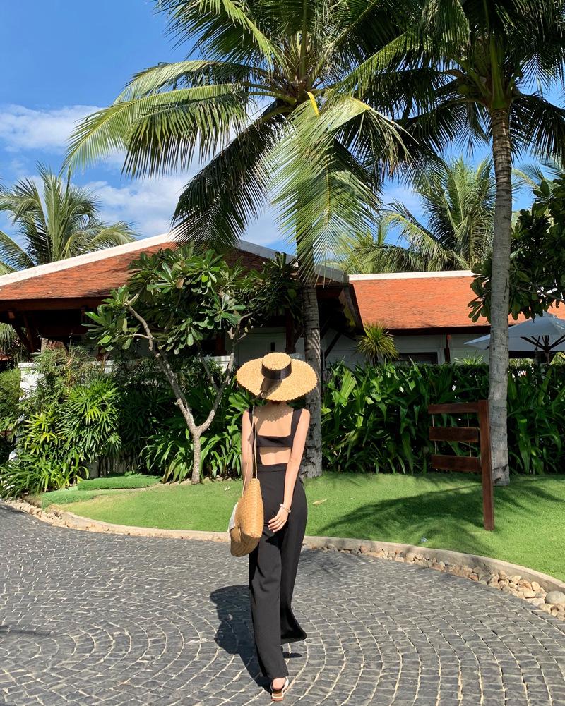 Product Introduction of Jumpsuit Women'S Black High Waisted Wide Leg Open Back Style Jumpsuit Loose Straight Leg Strap Pants 35