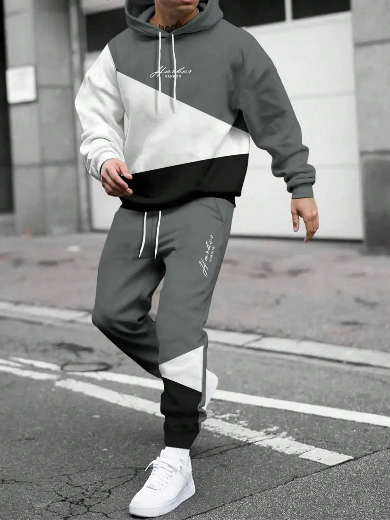 Two-Piece Set Men's Colorblock Letter Print Drop Shoulder Hoodie & Drawstring Waist Sweatpants Set, Casual Fashion Cozy Breathable Outfits for Daily Outdoor Wear, Men Clothes for Fall & Winter Mens Paris Tracksuit