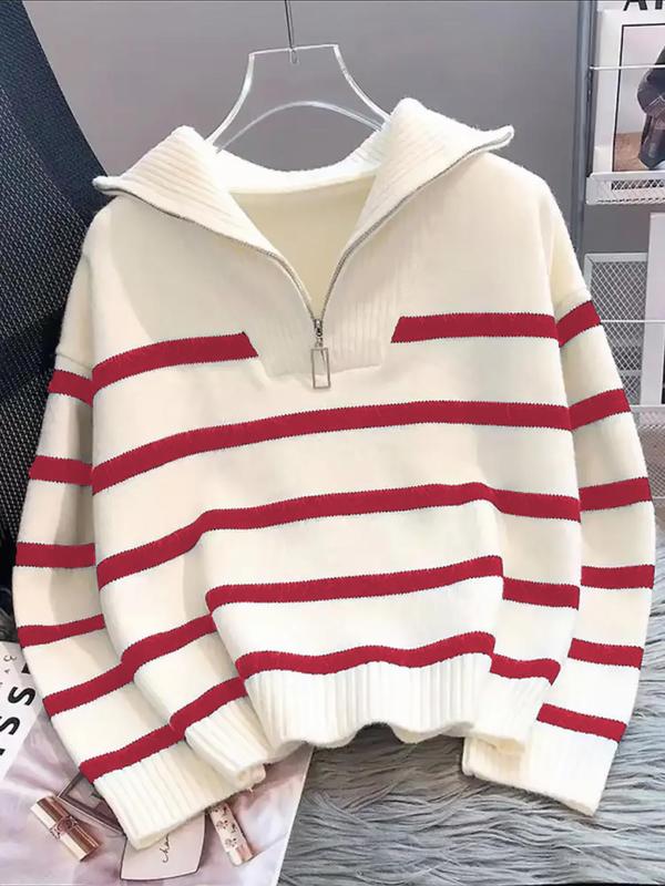 Women's Striped Print Zipper Drop Shoulder Sweater, Casual Pastel Long Sleeve Collared Mam Jumper Striped Sweater for Daily Wear, Women's Knitwear Top for Fall & Winter, Go Out Tops, Trending Clothing Women 2