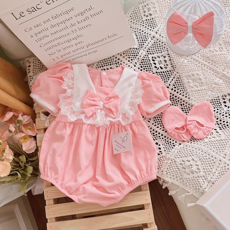  Bodysuit Cho Bé Màu Hồng Cổ Trắng Kèm Turban Bao Chân Body Bé Gái Dễ Thương Trẻ sơ sinh Trẻ sơ sinh Trẻ sơ sinh Bé gái Jumpsuit 