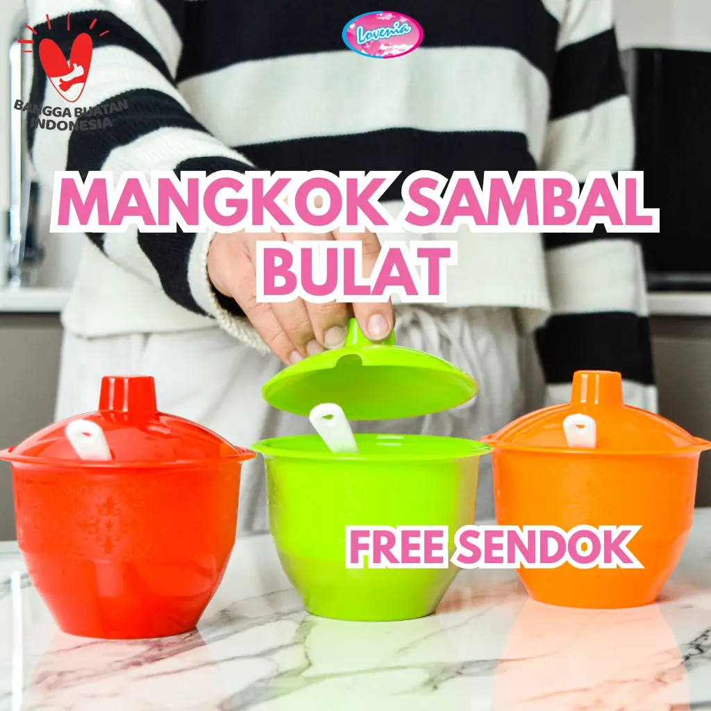 Mangkok Sambal Bulat Plastik dengan tutup dan sendok Set Tempat Sambal dan Saos
